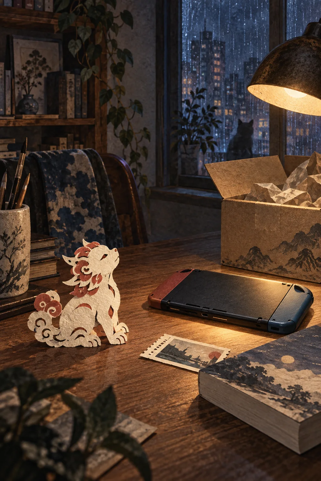 Original editorial illustration of an abstract guardian paper cutout beside anonymous modern media objects on a rainy-night desk