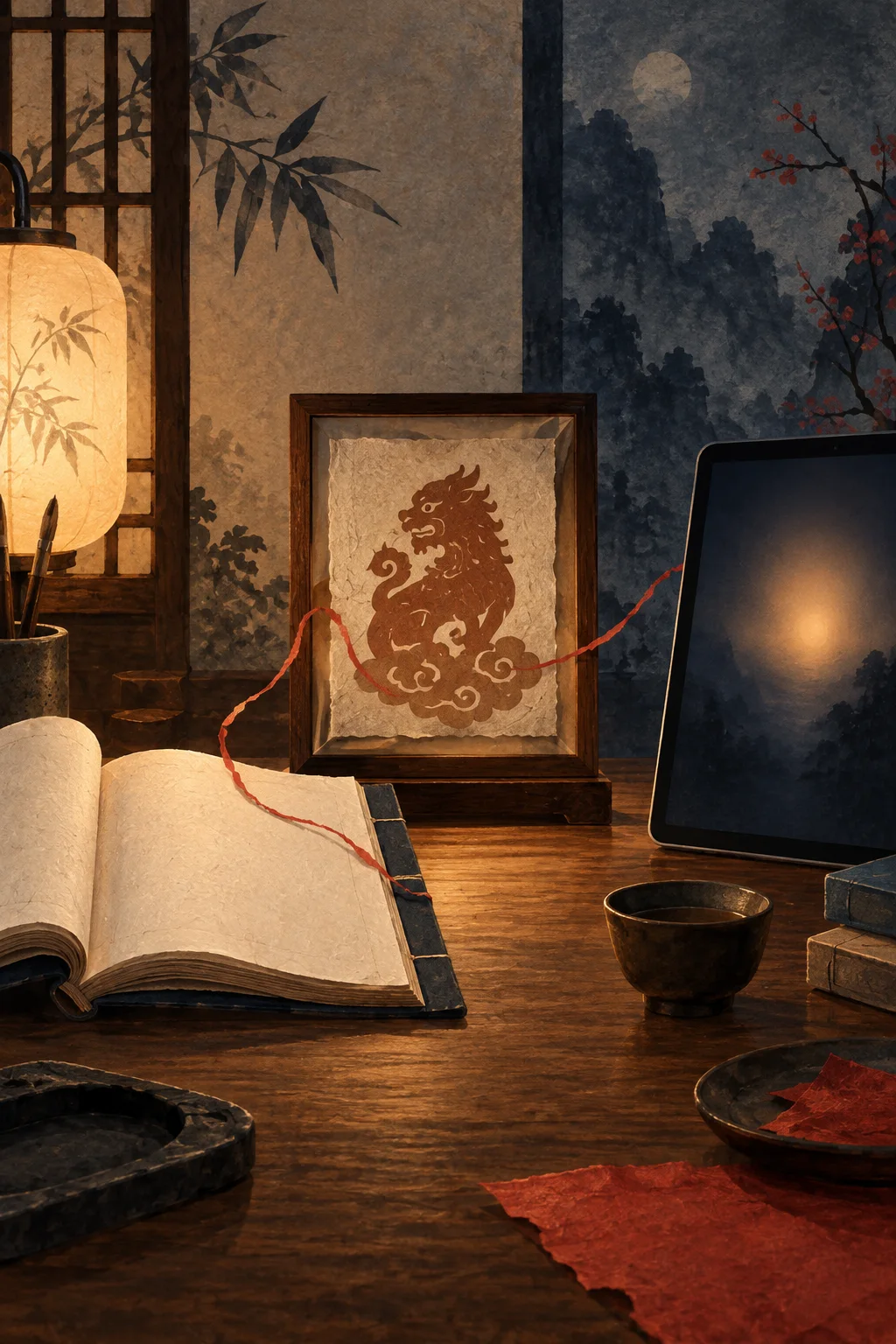 Original editorial illustration of an open blank book, an abstract guardian paper object, and a dark unbranded screen connected by a red paper thread