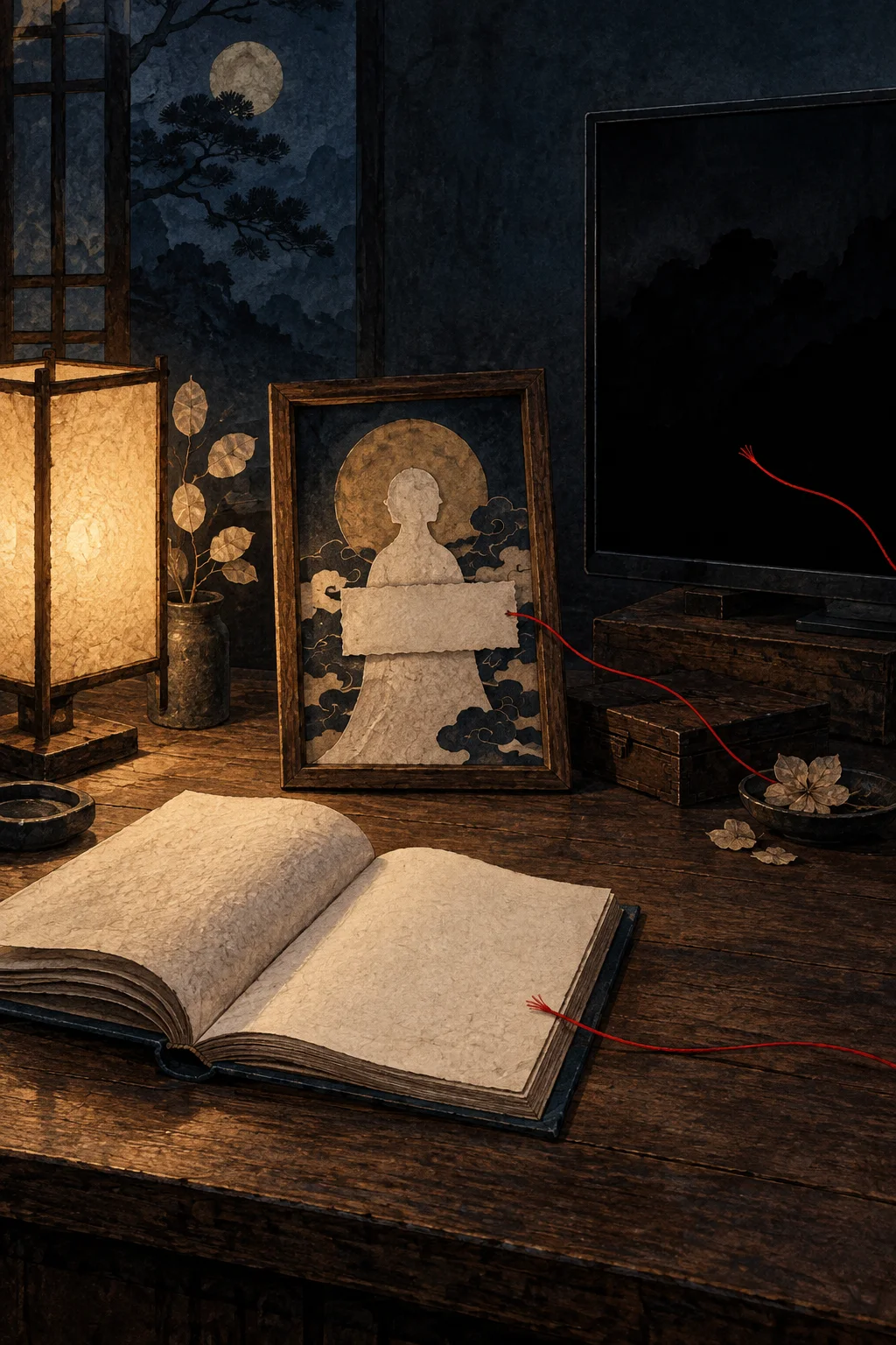 Original editorial illustration of blank book pages, a framed abstract guardian paper silhouette, a dark unbranded screen, and a red thread stopping before each object