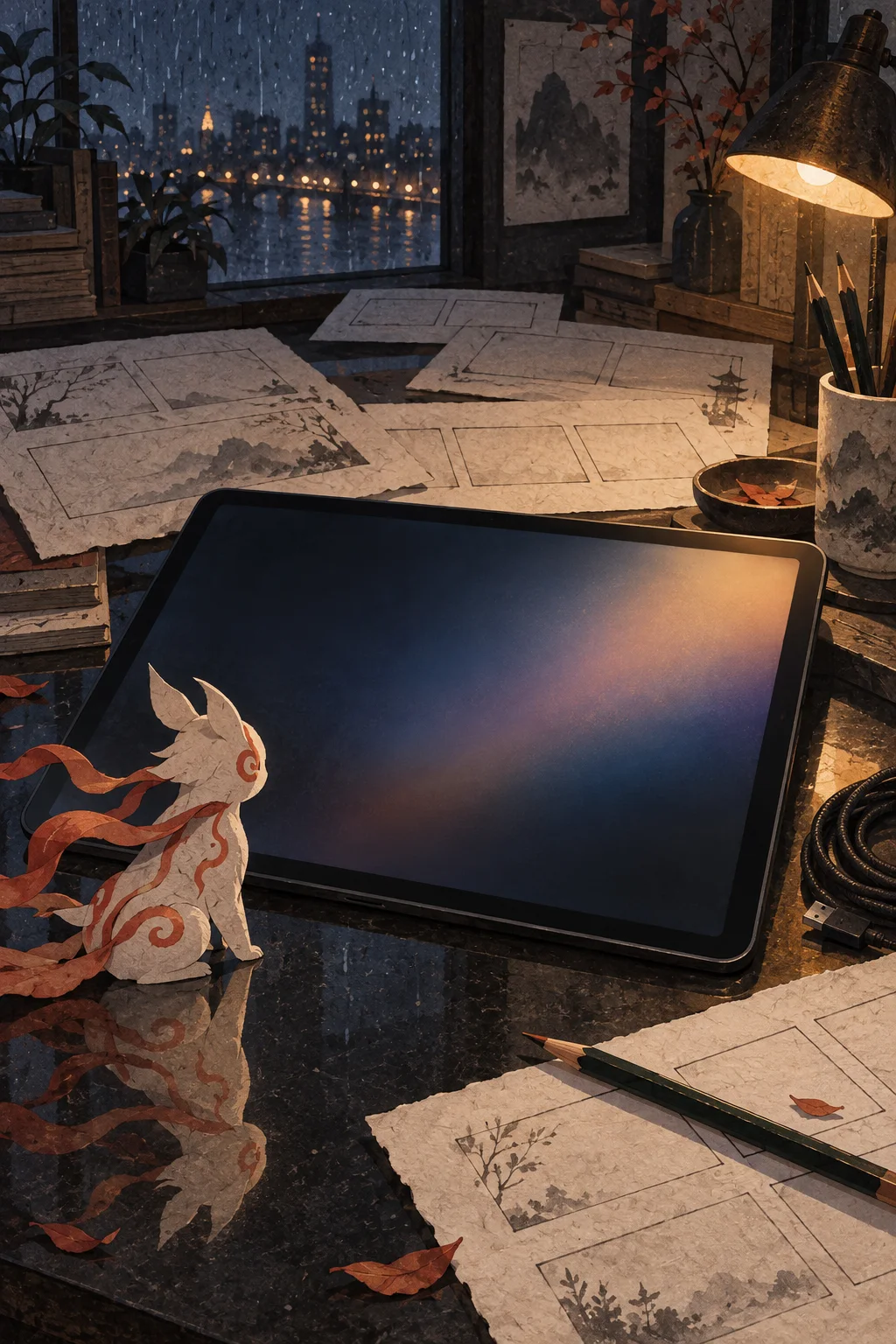 Original editorial illustration of an abstract guardian paper cutout beside a blank tablet, storyboard papers, pencils, cable, and desk lamp on a rainy night