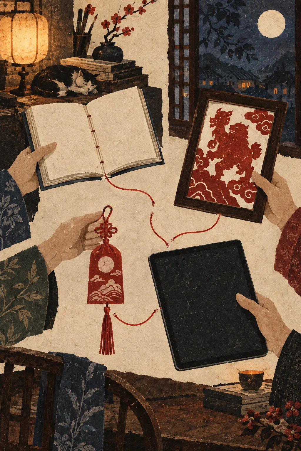 Original editorial illustration of anonymous hands holding a blank stitched book, a framed guardian paper-cut, a red door charm, and a dark screen in a lamplit room