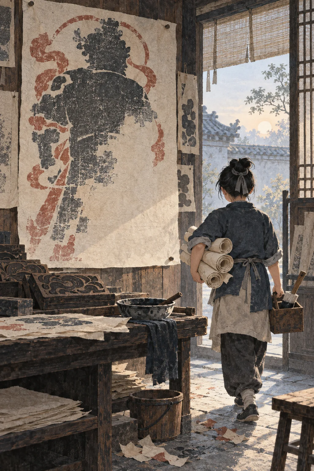 Original editorial illustration of an anonymous printmaking workshop assistant carrying paper rolls, a brush, and a wooden box beside an unfinished guardian print