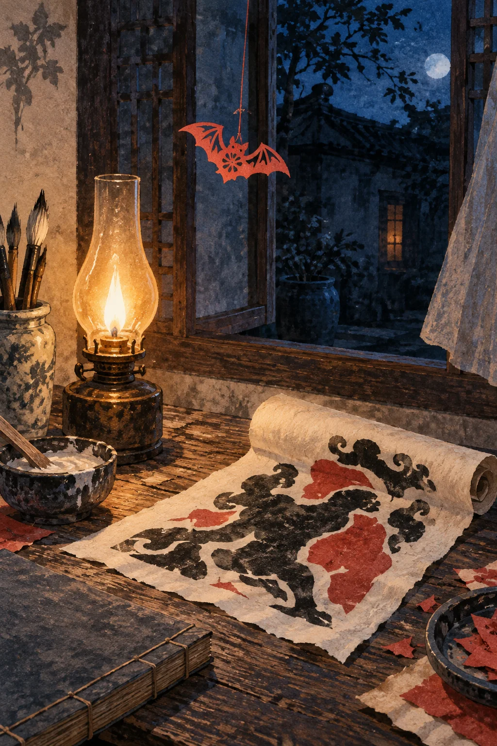 Original editorial illustration of a small red paper bat hanging above an oil lamp, brushes, paste, and an unfinished abstract guardian print in a workshop at night