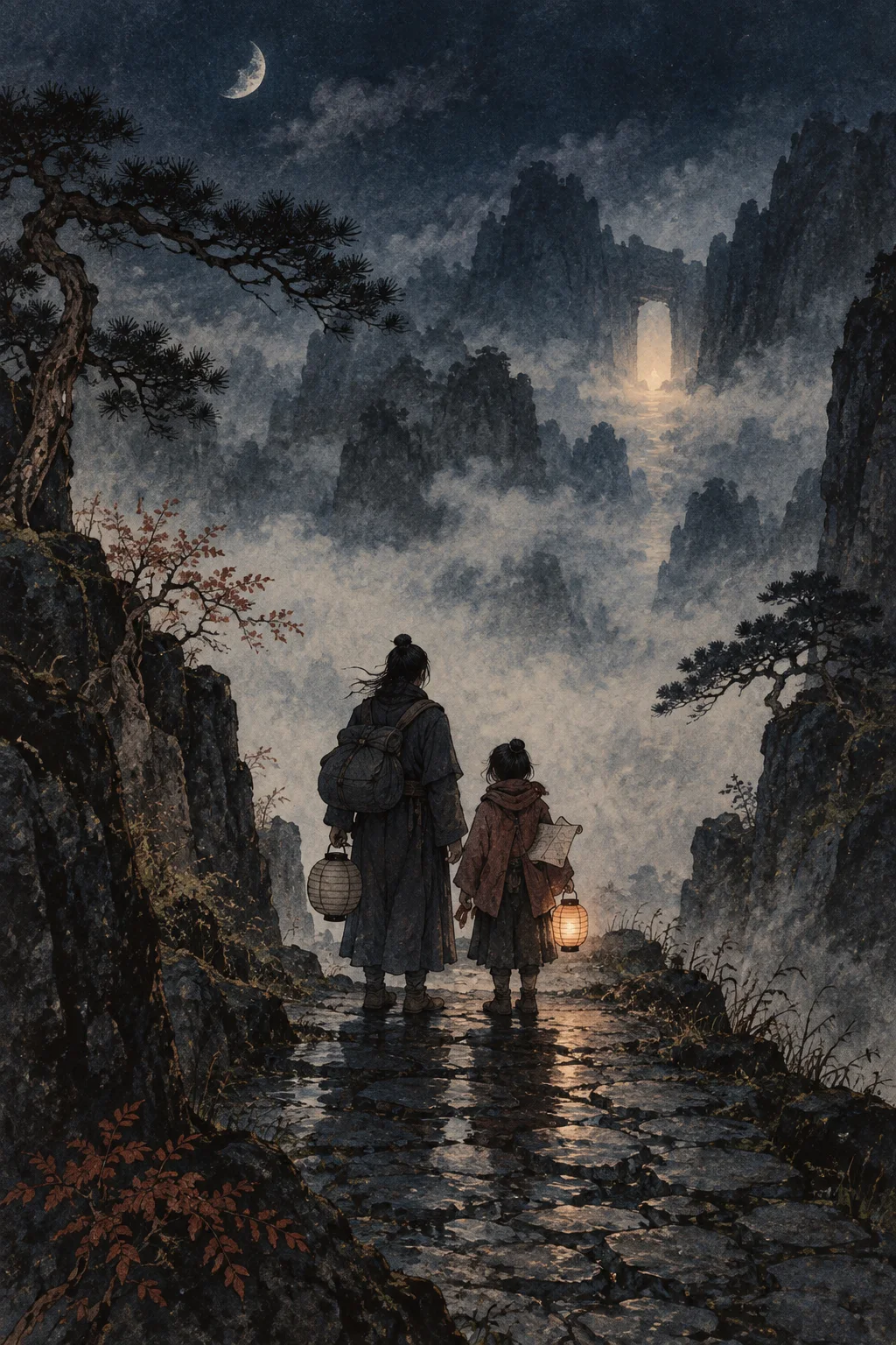 Original editorial illustration of two travelers seen from behind on a misty mountain path, carrying lanterns and a folded map