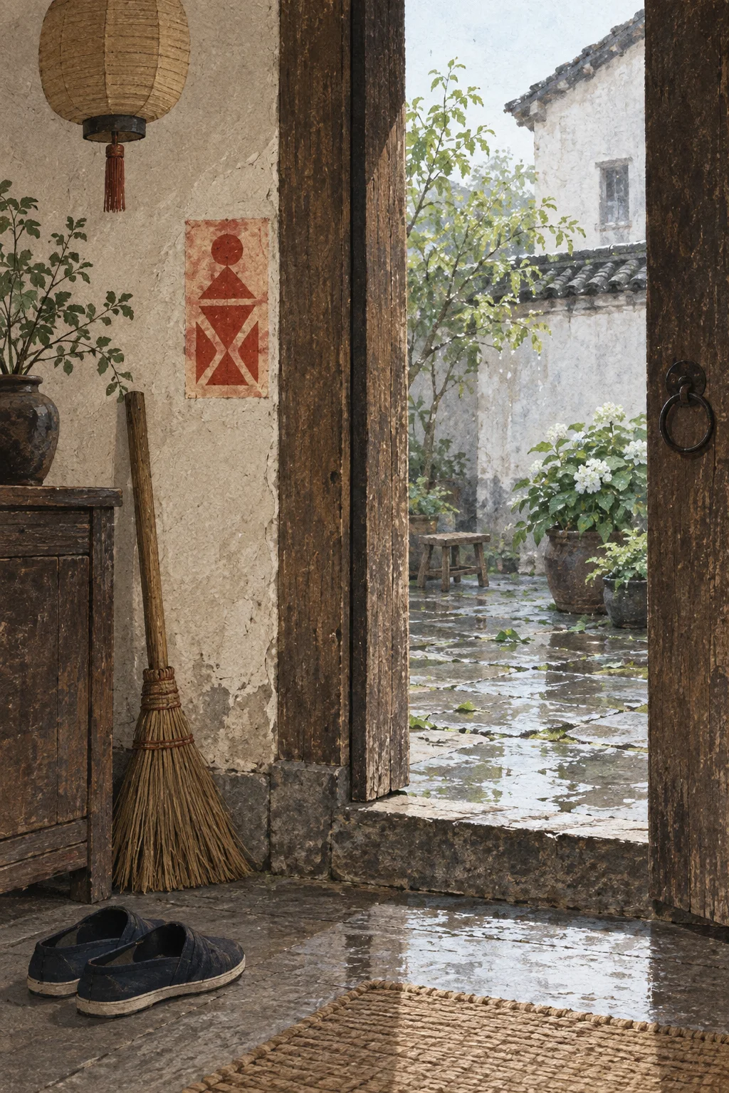 Original editorial illustration of a rain-cleared household threshold with a small abstract red guardian paper charm, broom, shoes, wet stone, and open wooden doorway