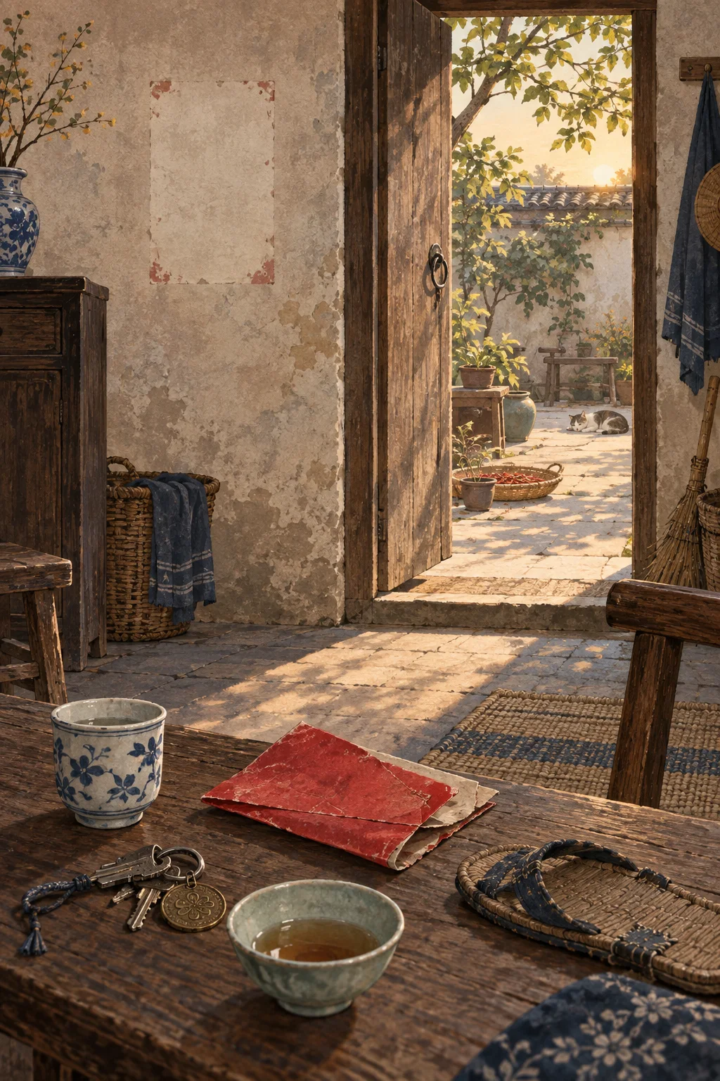 Original editorial illustration of a quiet household room after a red paper charm has been taken down, with folded paper, tea bowls, keys, and an open doorway to a sunlit courtyard