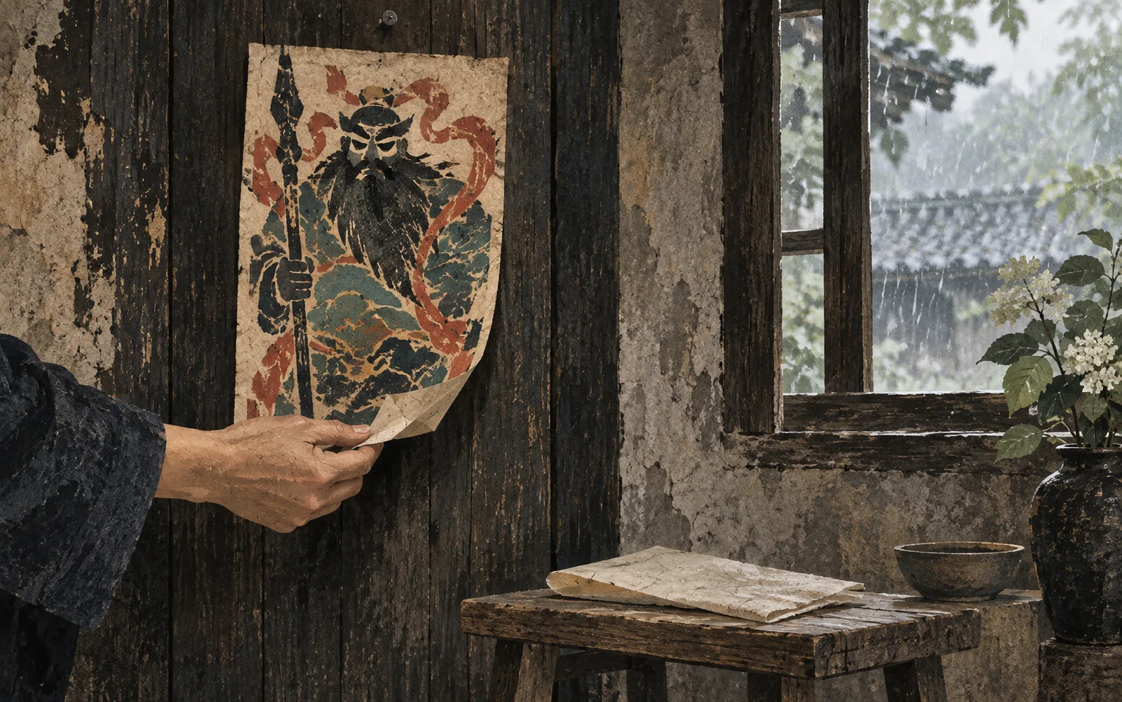 Original editorial illustration of a hand lifting the corner of a guardian print from a dark wooden wall beside a rainy window