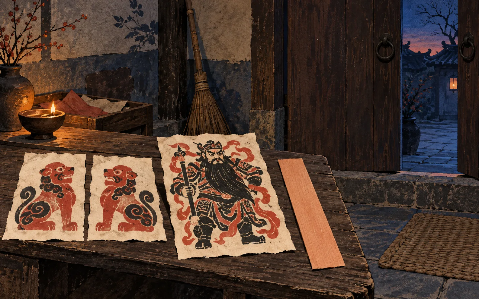 Original editorial illustration of separate guardian papers and a peach-wood strip laid on a wooden bench before a dusk doorway