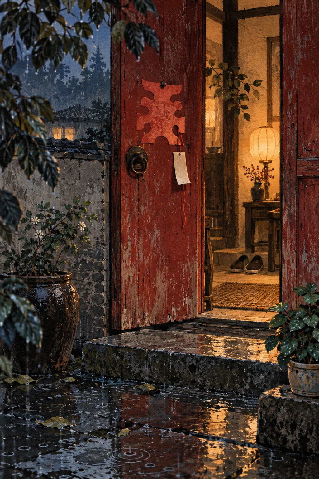 Original editorial illustration of a rain-dark red doorway, an abstract red paper shape, and warm lamplight inside