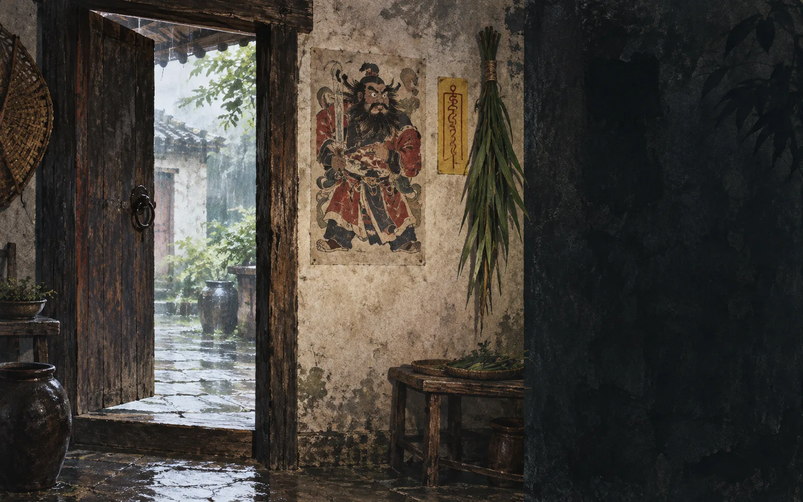 Original editorial illustration of a humid early-summer wooden doorway, a guardian print, green leaves, and a yellow paper charm sharing a wall