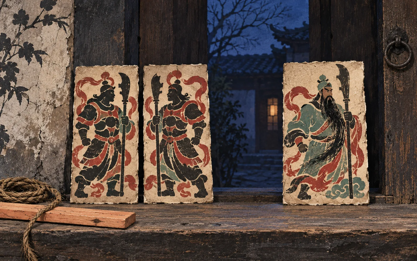 Original editorial illustration of two paired guardian panels and one separate bearded guardian panel standing apart at a dusk doorway