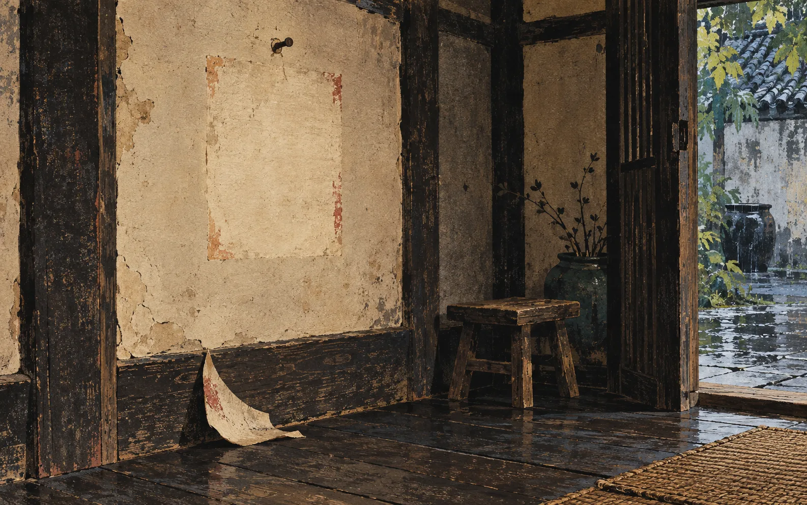 Original editorial illustration of a pale rectangular mark and an empty nail on an old wall beside an open rainy doorway
