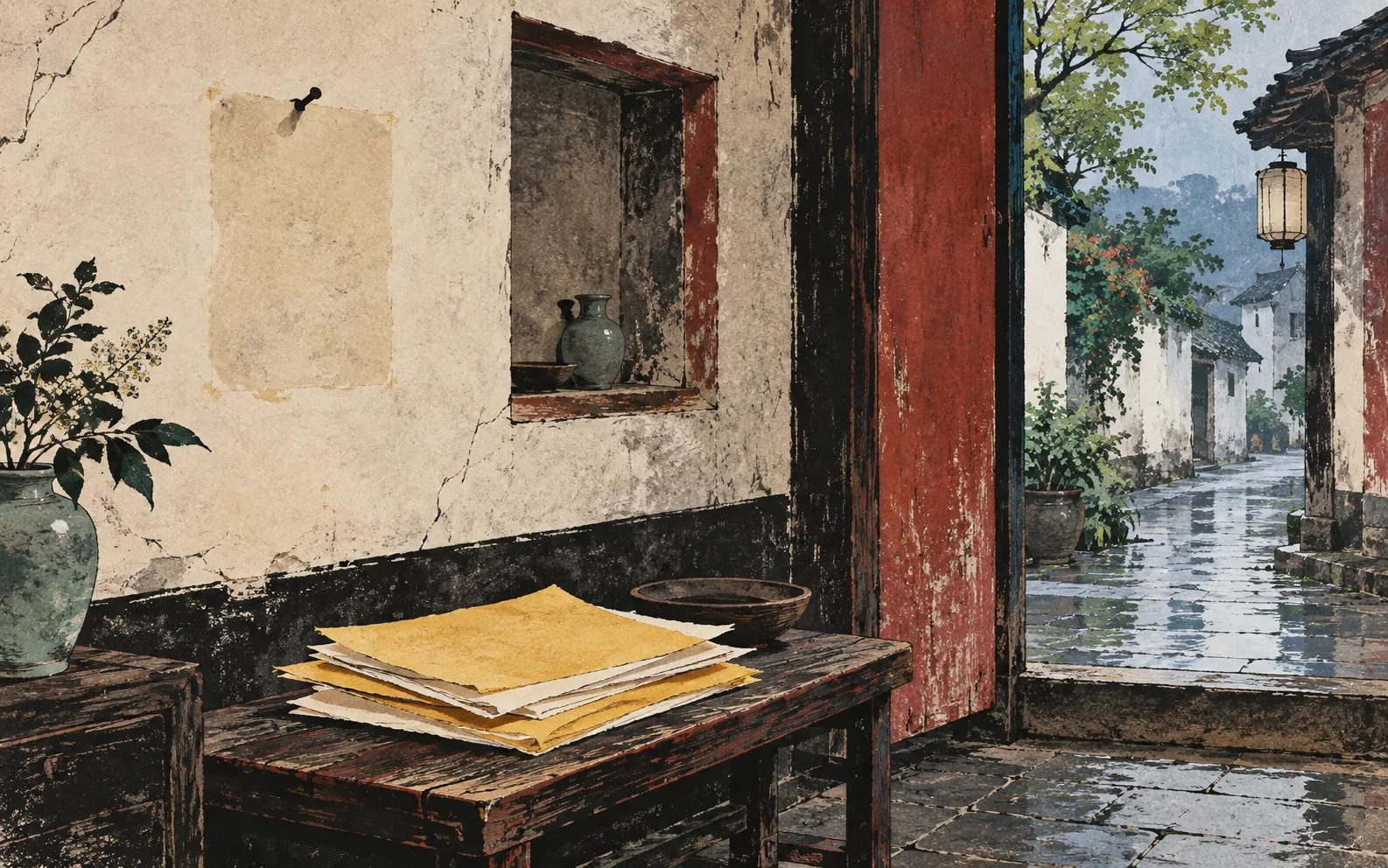 Original editorial illustration of an empty wall with a small nail, a stack of yellow and cream paper sheets, and a rainy street beyond an open doorway