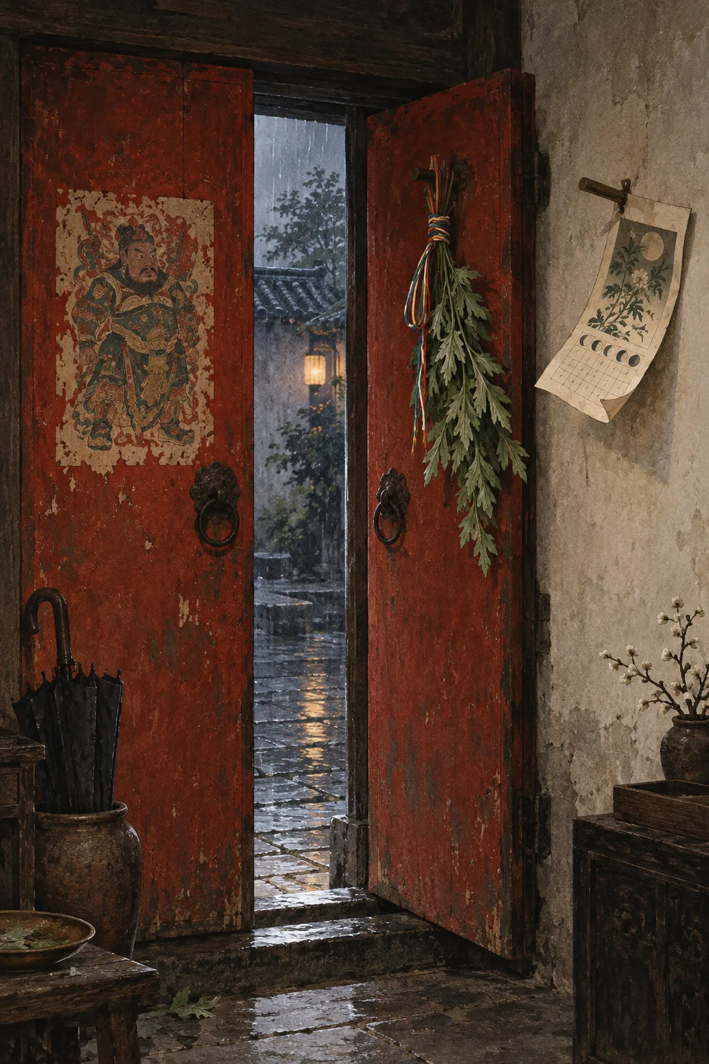Original editorial illustration of a rain-darkened red household doorway with a guardian print, mugwort, coloured thread, and a loose lunar calendar page