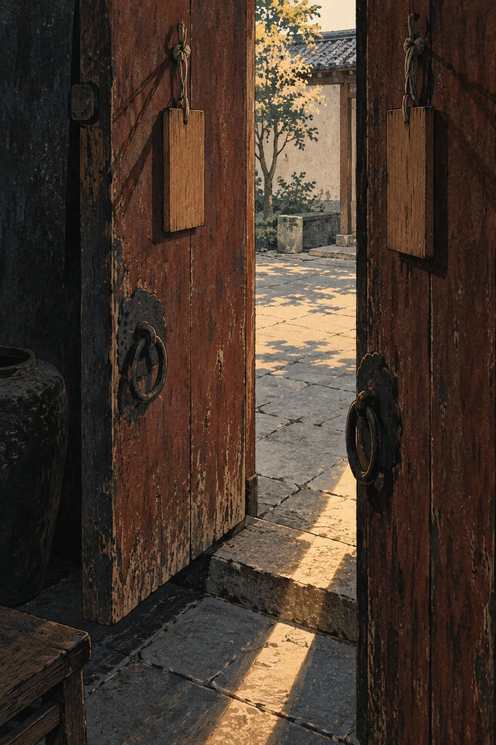 Original editorial illustration of two partly open weathered doors with unmarked peachwood plaques and a diagonal strip of courtyard light