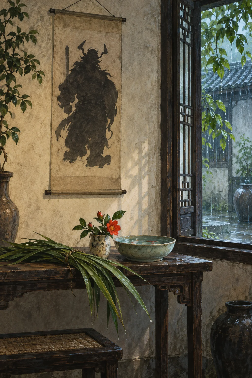 Original editorial illustration of a plain guardian image hung in a rain-lit early-summer room with calamus leaves, pomegranate blossoms, and a water bowl