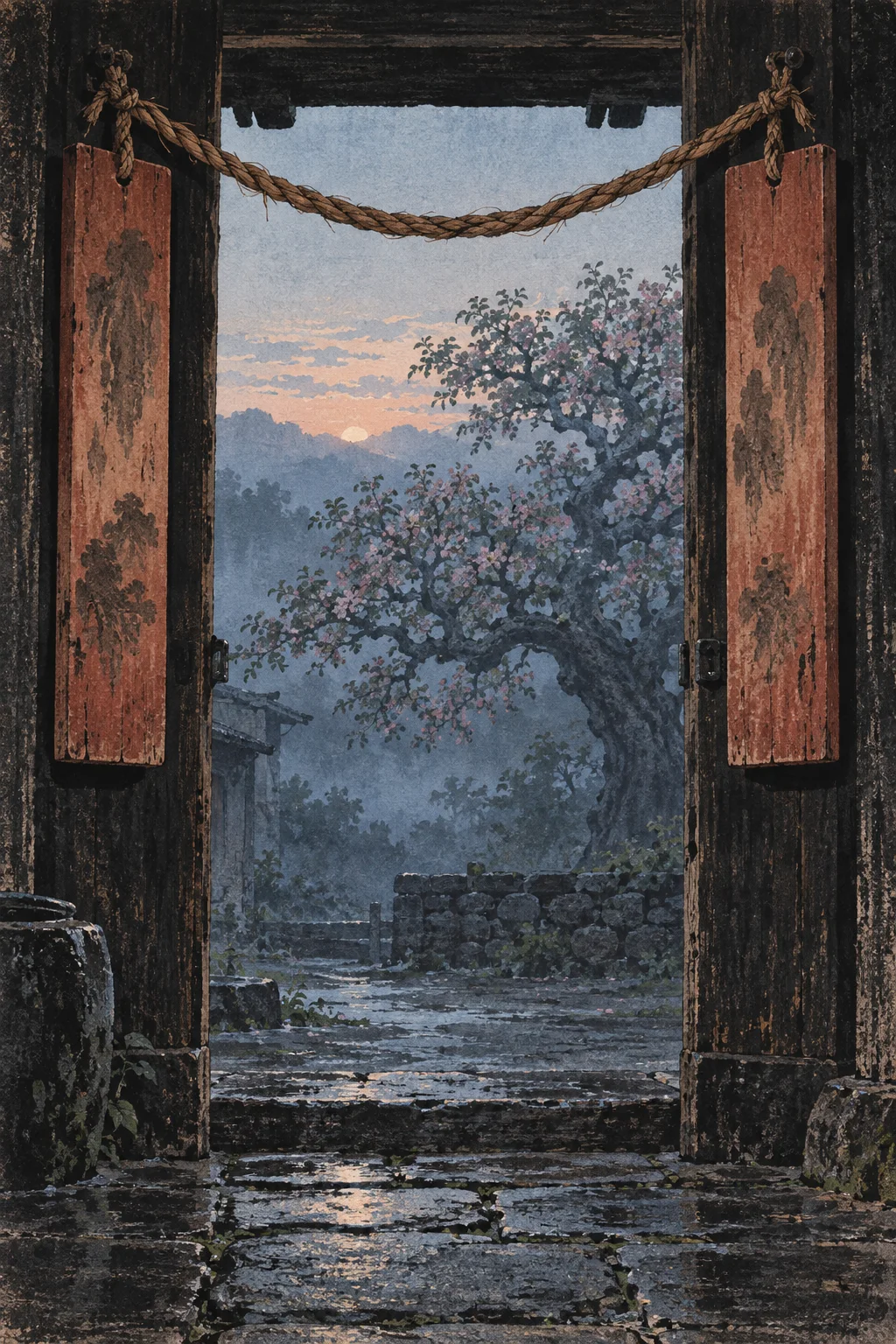 Original editorial illustration of two peachwood plaques and a braided reed rope framing a misty dawn doorway