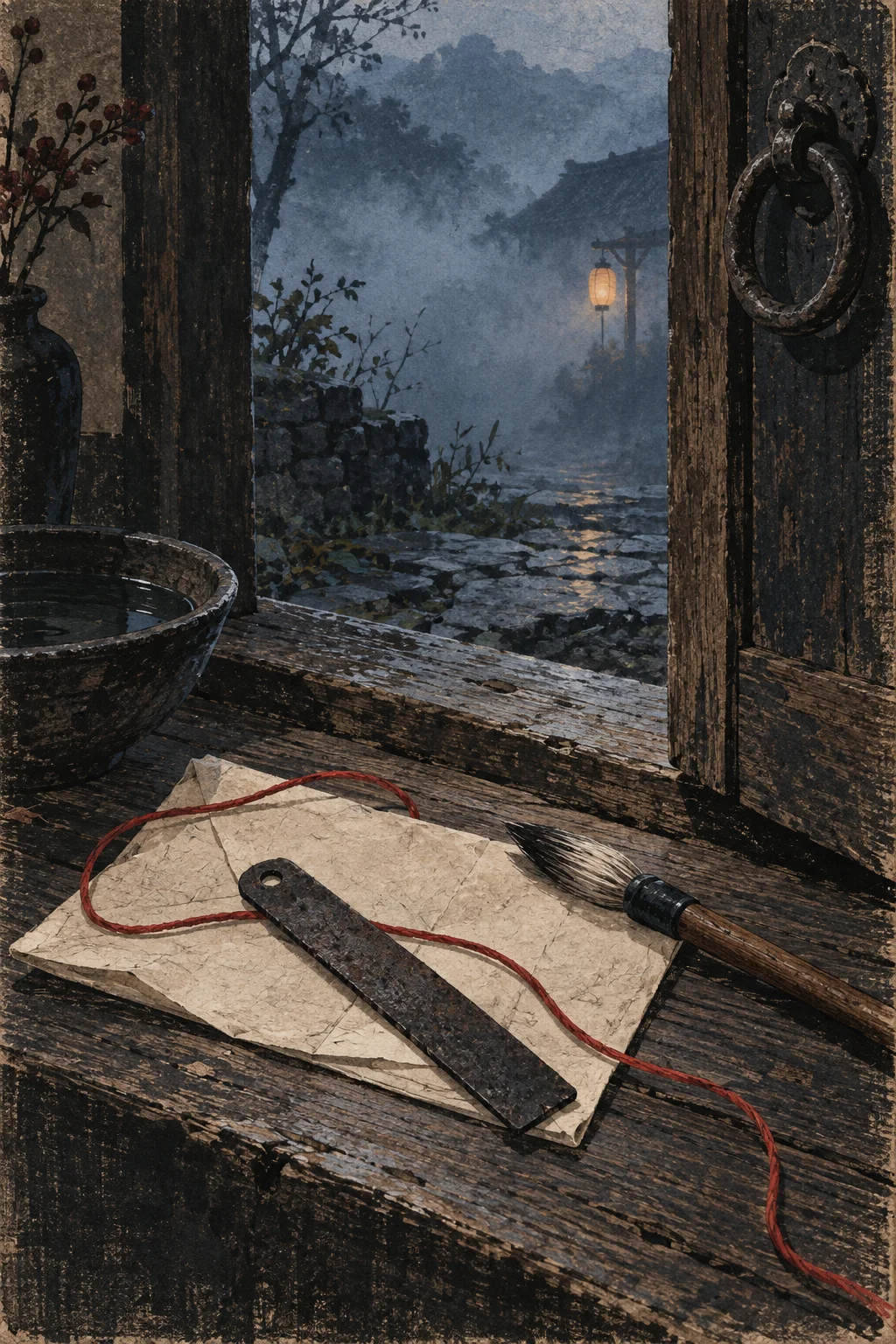 Original editorial illustration of an iron tally, brush, untied red thread, and blank papers on a wooden threshold at dawn