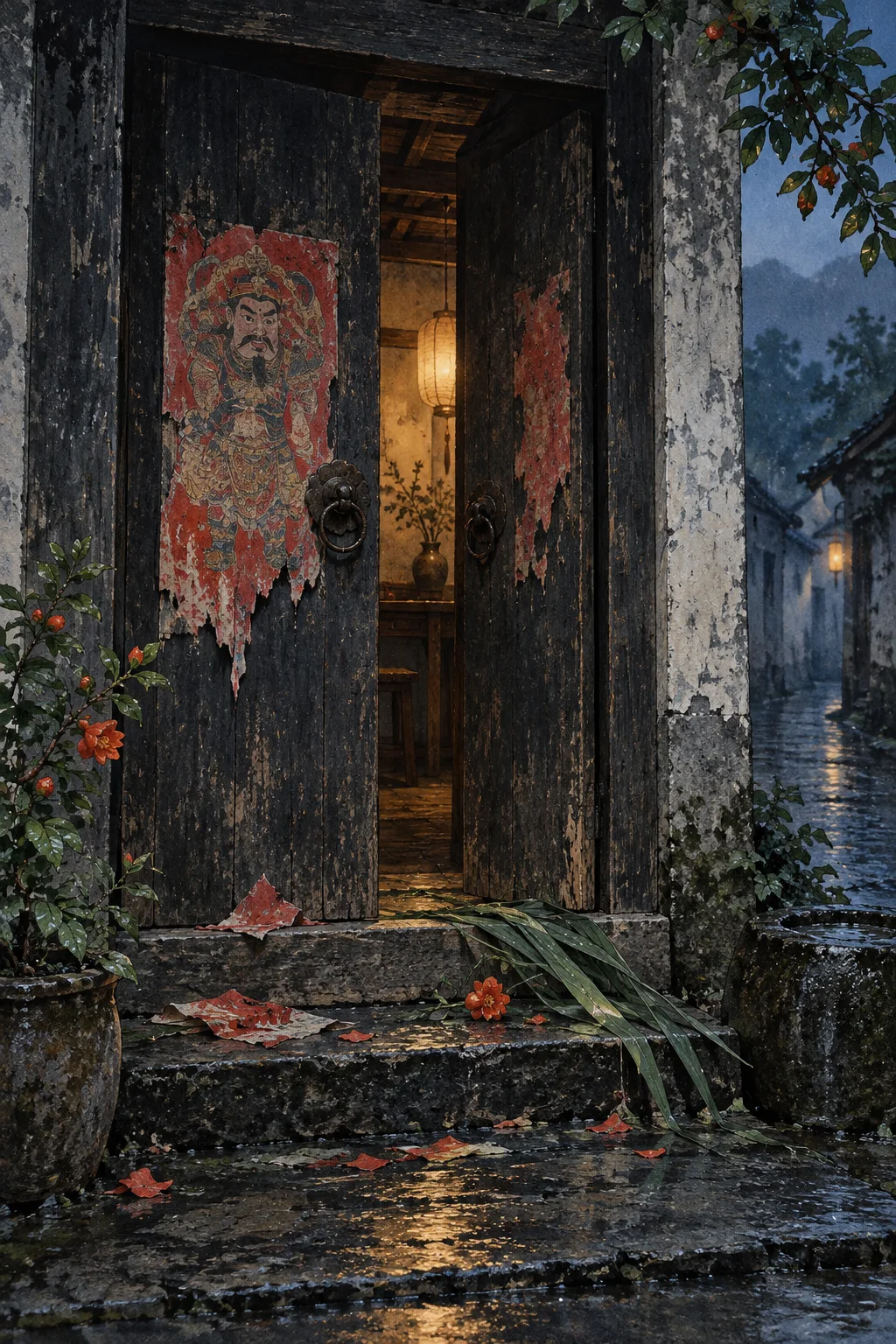 Original editorial illustration of a weathered doorway with a torn guardian print, rain-dark stone, calamus leaves, pomegranate blossom, and warm interior light