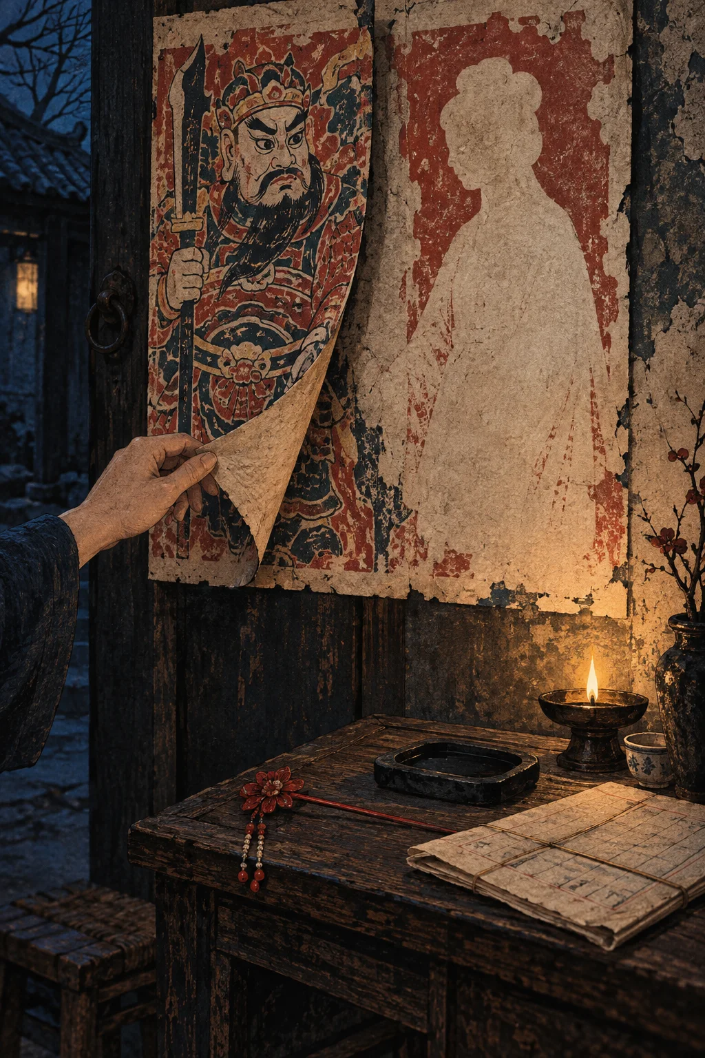 Original editorial illustration of an aged guardian print beside an ambiguous unpainted female silhouette, an oil lamp, and a genealogy paper
