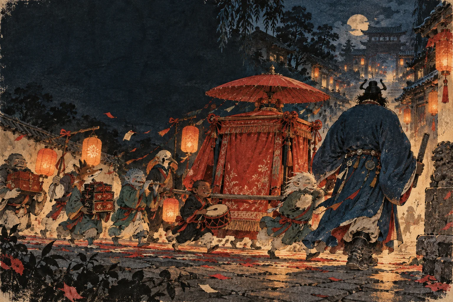 Original editorial illustration of a night wedding procession with a hidden sedan chair, lanterns, guardian, and small spirits