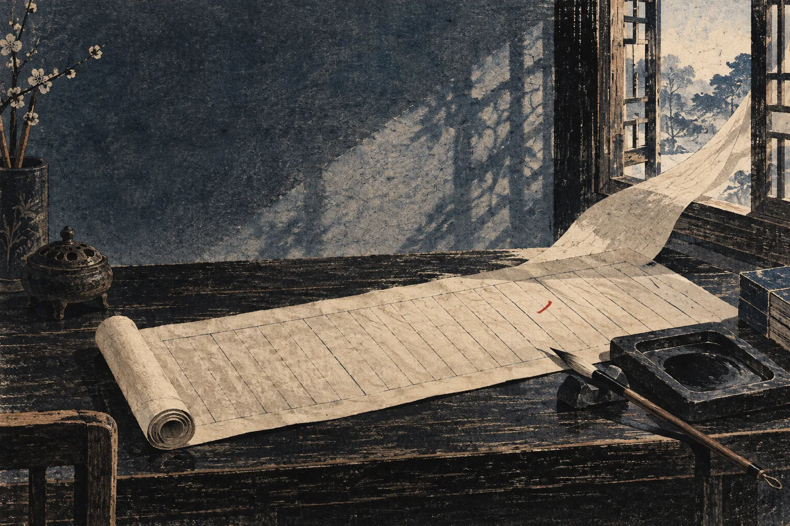 Original editorial illustration of an unrolled examination paper, brush, inkstone, and morning window
