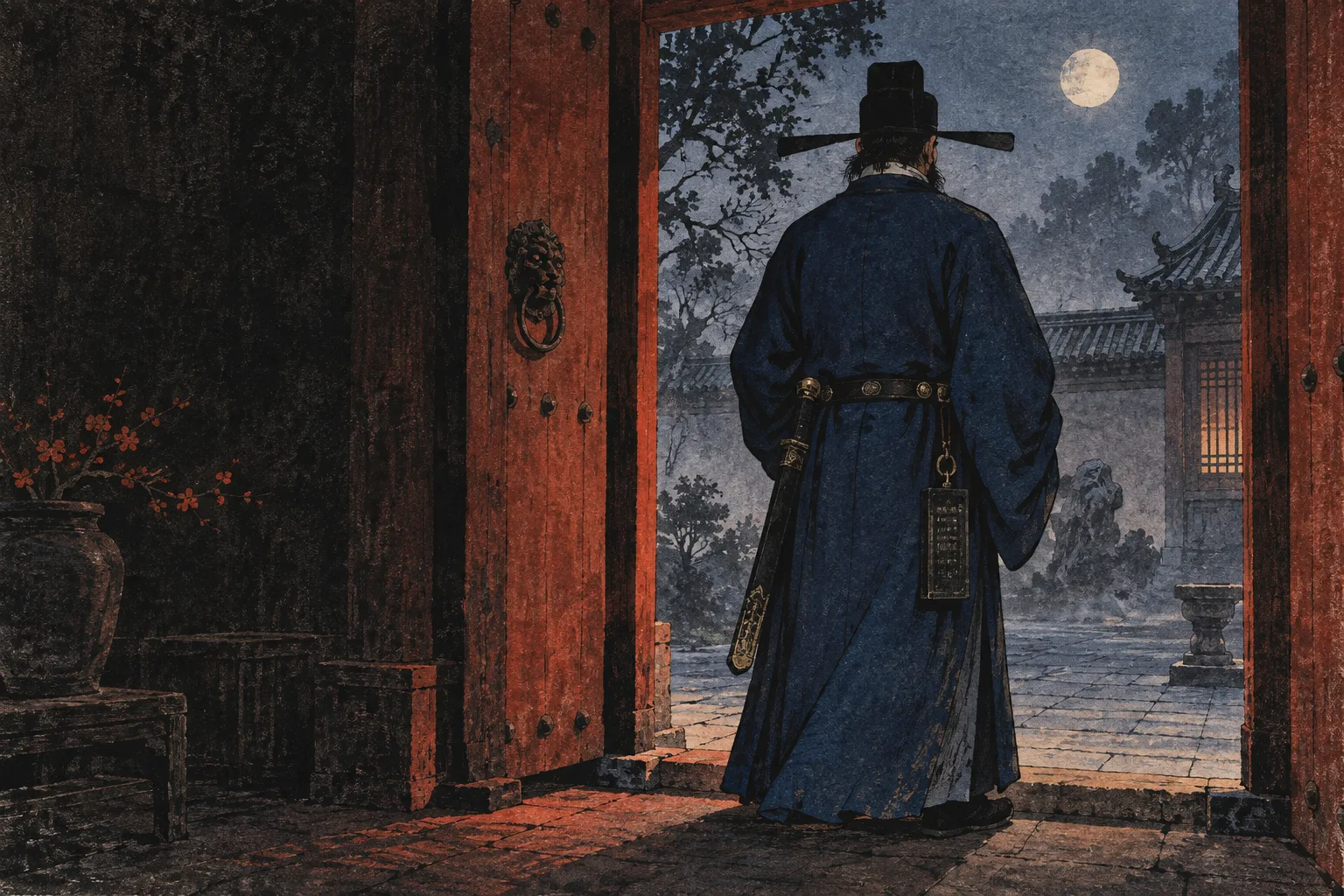 Original editorial illustration of a blue-robed guardian seen from behind in a doorway at moonlit dusk