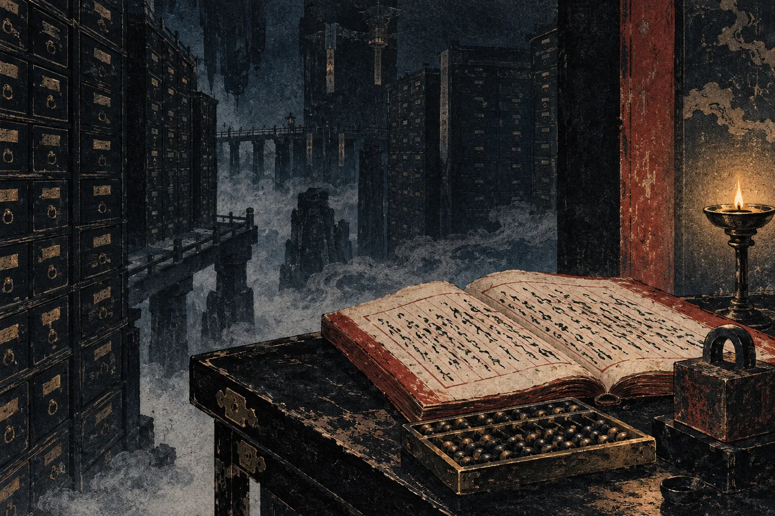 Original editorial illustration of a vermilion ledger, abacus, seal, and archival cabinets in blue mist